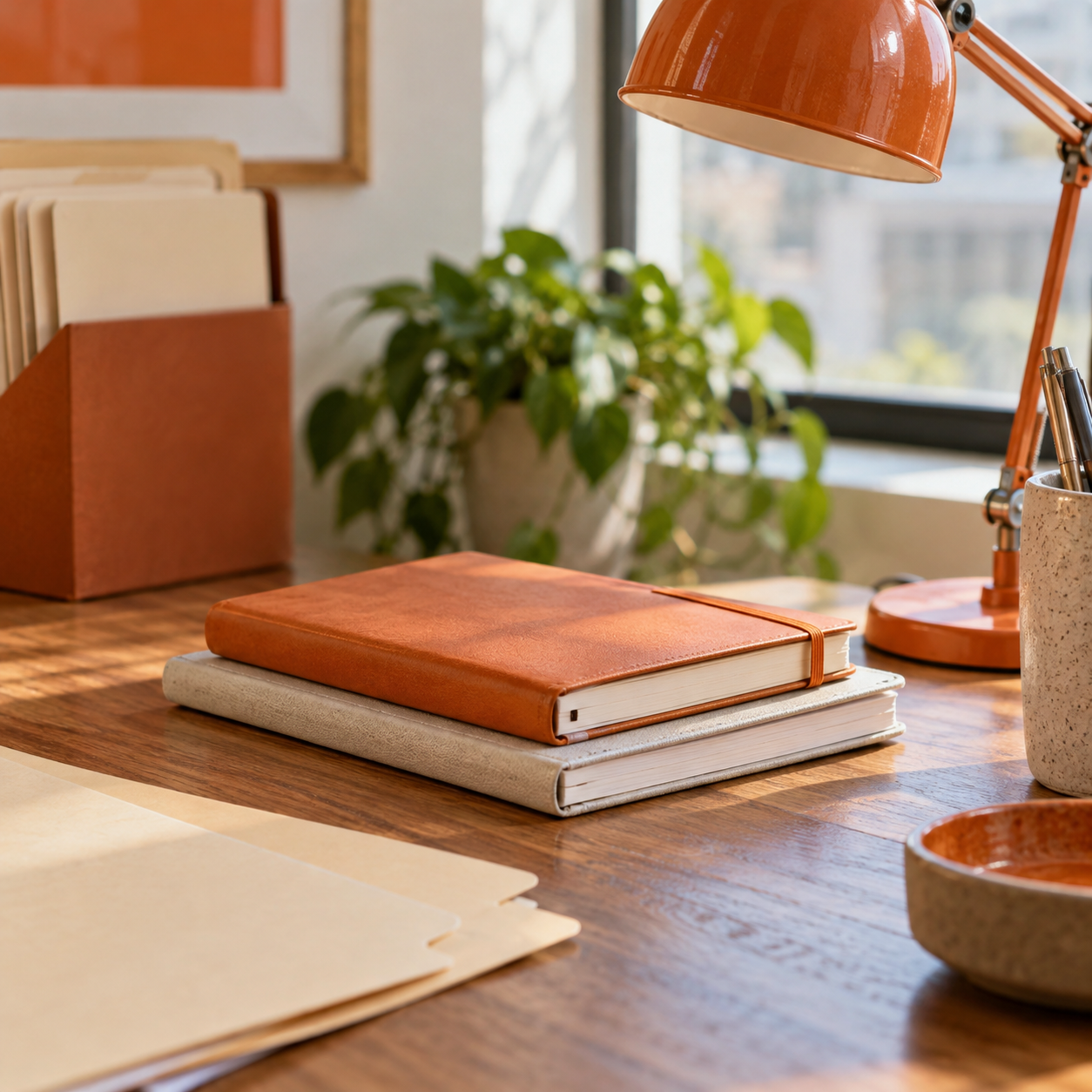 Illustrative scene of small professional services office: closed notebooks, a task lamp, plain file folders