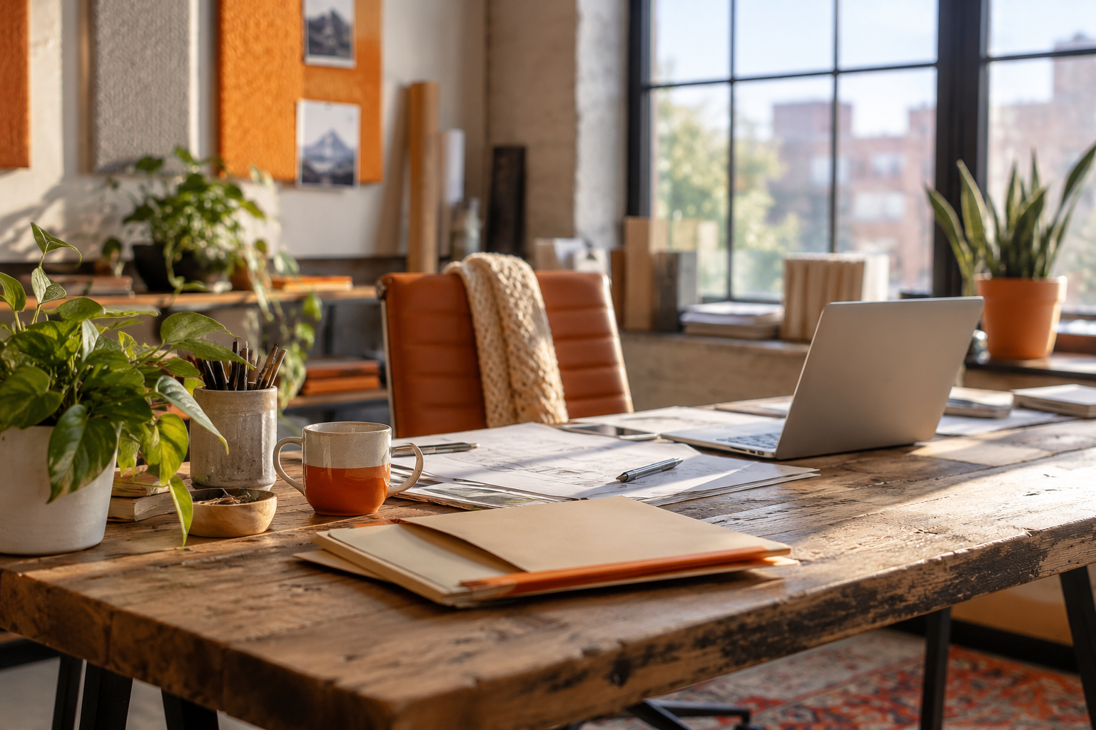 Illustrative scene of small professional services office: plain file folders, textured acoustic panels, a desk plant