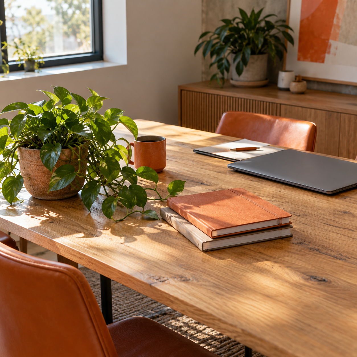 Illustrative scene of small professional services office: a desk plant, an oak meeting table, closed notebooks